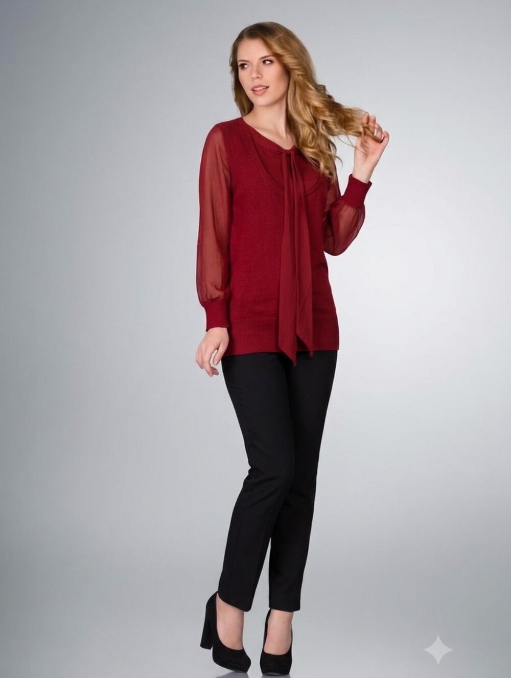 George Women's Red Tie-Neck Knit Top with Sheer 3/4 Sleeves - Size Large (L/G)